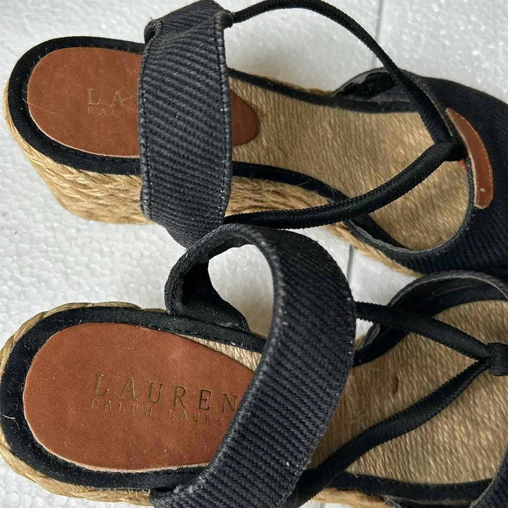 Lauren Ralph Lauren womens wedge 2.5” woven straw heel espadrilles size 8 black